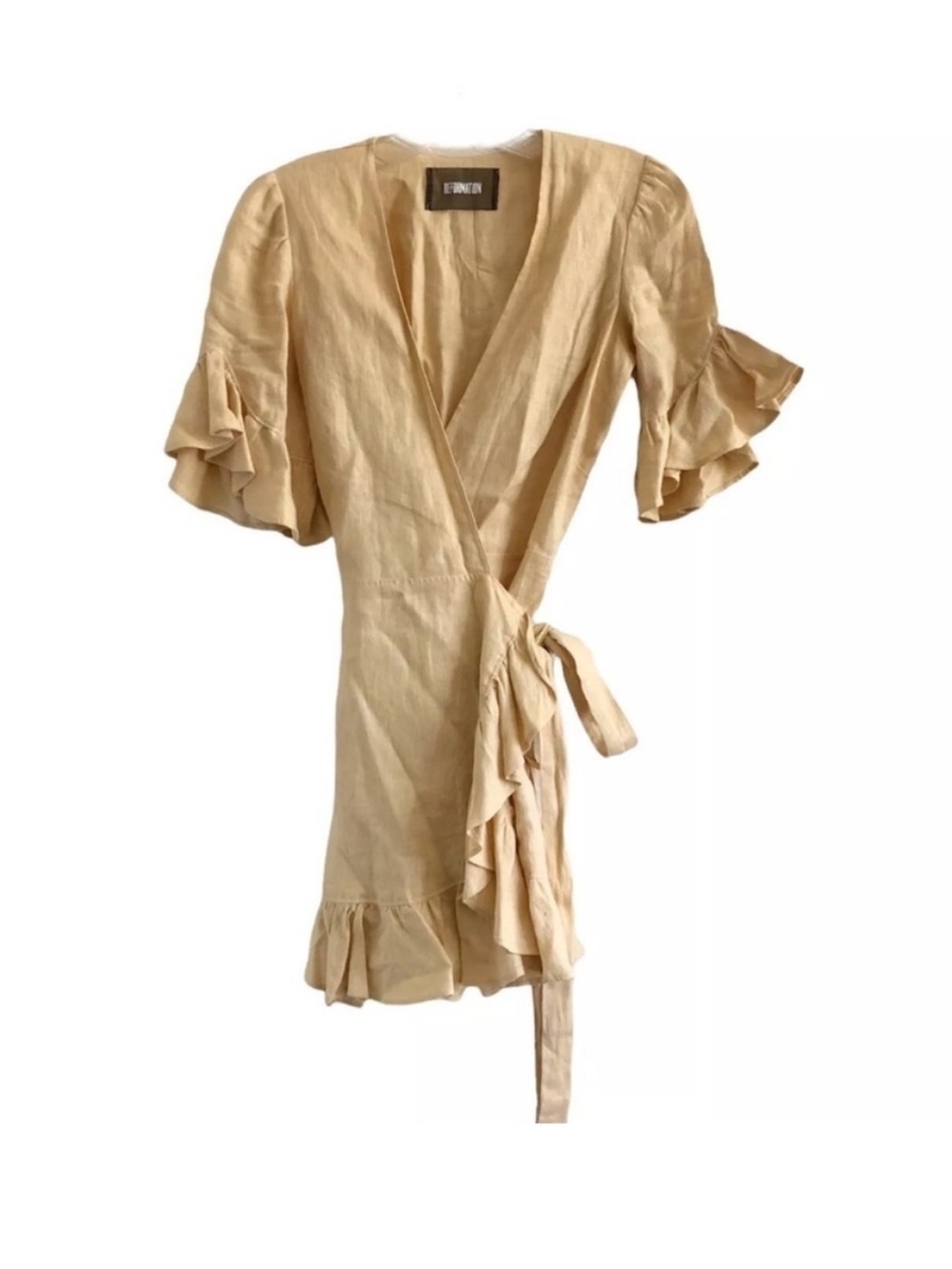 Reformation Kelsey Mini Wrap Dress Yellow 100% Linen